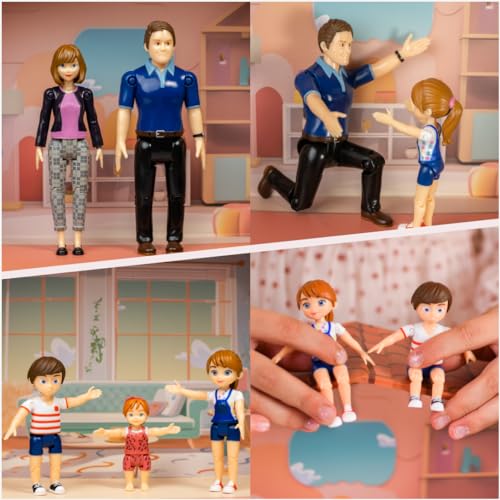 Family Dollhouse People - Bendable Doll House People Figures - 5 Poseable Action Figures Incl. Mom, Dad, Sister, Brother, & Toddler - Small Dolls for Doll-house Designed to Fit Standard Dollhouses