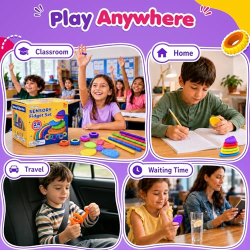 LESONG Sensory Fidget Toys for Kids: 24 Pack Silicone Fidget Set with Fidget Rings, Worry Stones & Shapeable Sticks for ADHD Autism - Quiet Fidgets for Classroom Bulk - Travel and Party Favors - Image 6