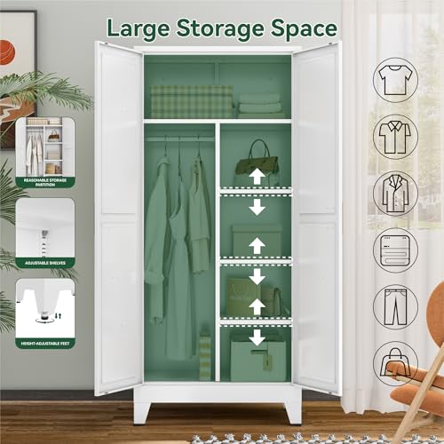 Image of Metal Combination Cabinet, Utility Closet Storage Cabinet with 4 Shelves, Farmhouse Pantry Closet with Doors, 71 inch Tall Storage Cabinets with Hanging Rod and Shelf for Laundry Mudroom Office Bedroom