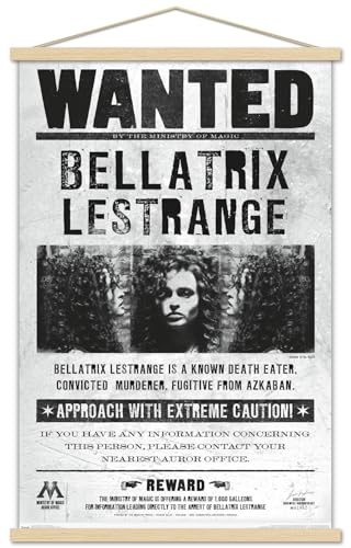 Trends International The Wizarding World: Harry Potter - Bellatrix Wanted Poster Wall Poster, 22.375" x 34", Premium Print and Beechwood Hanger Bundle