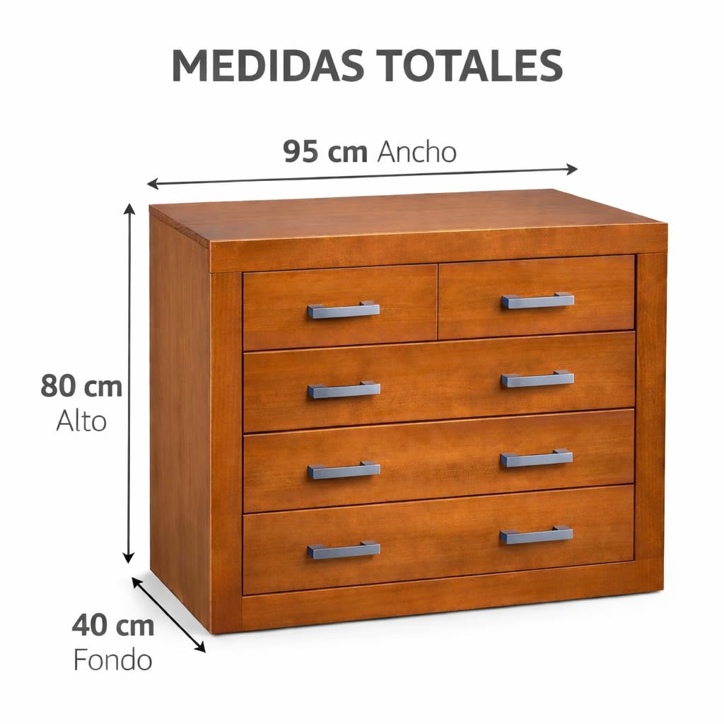 Cómoda Dormitorio con Cajones – Madera de Pino Macizo, Serie Kalpe Acabado Cerezo, Cajonera Auxiliar Robusta para Dormitorio 80x95x40 cm