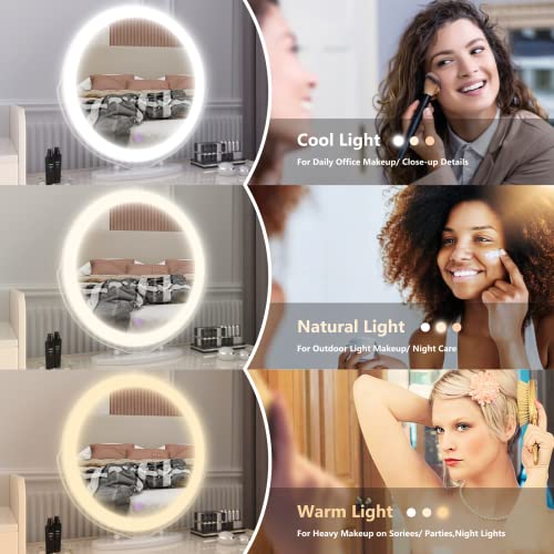 Vierose 20 Inch Large Vanity Makeup Mirror With Lights, 3 Color Lighting Modes | Round Lighted Up Makeup Mirror With Dimming Led Halo For Dressing Room & Bedroom Tabletop, Touch Control (White) #TOP1