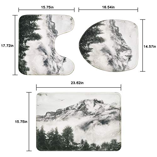 4 Pcs Smoky Mountain Forest Shower Curtain Set With Non-Slip Rug, Toilet Lid Cover, Bath Mat And 12 Hooks, Foggy National Park Waterproof Shower Curtain Sets For Bathroom #TOP6