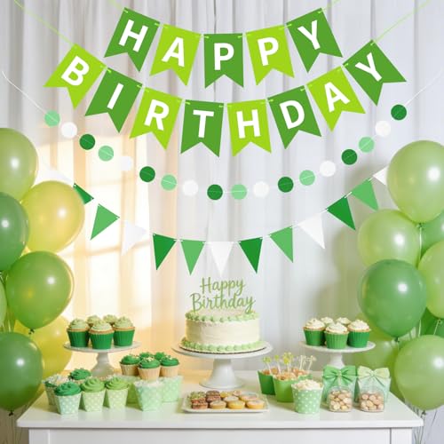 Image of Green Happy Birthday Banner Hanging Sign Circle Dot Triangle Bunting