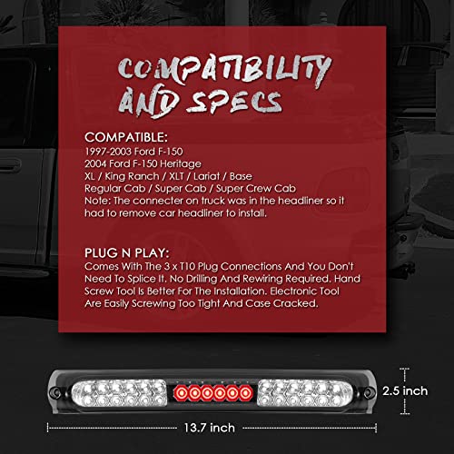 High Mount 3Rd Stop Light Assemblies,Compatible With Ford 1997-2004 F150 / 2004 Heritage Third Center Cargo Reverse Rear Led Brake Light Bar Taillight (Black Smoke) #TOP6