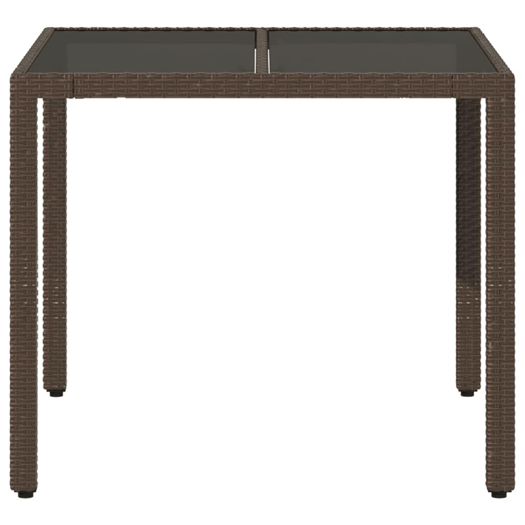 Stół ogrodowy Brązowy szklany blat 90 x 90 x 75 cm polirattanowy stół prostokątny metalowa rama blat z efektem drewna do ogrodu