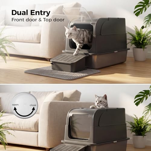 Caja de arena para gatos de acero inoxidable con doble puerta y pedal de filtro 6