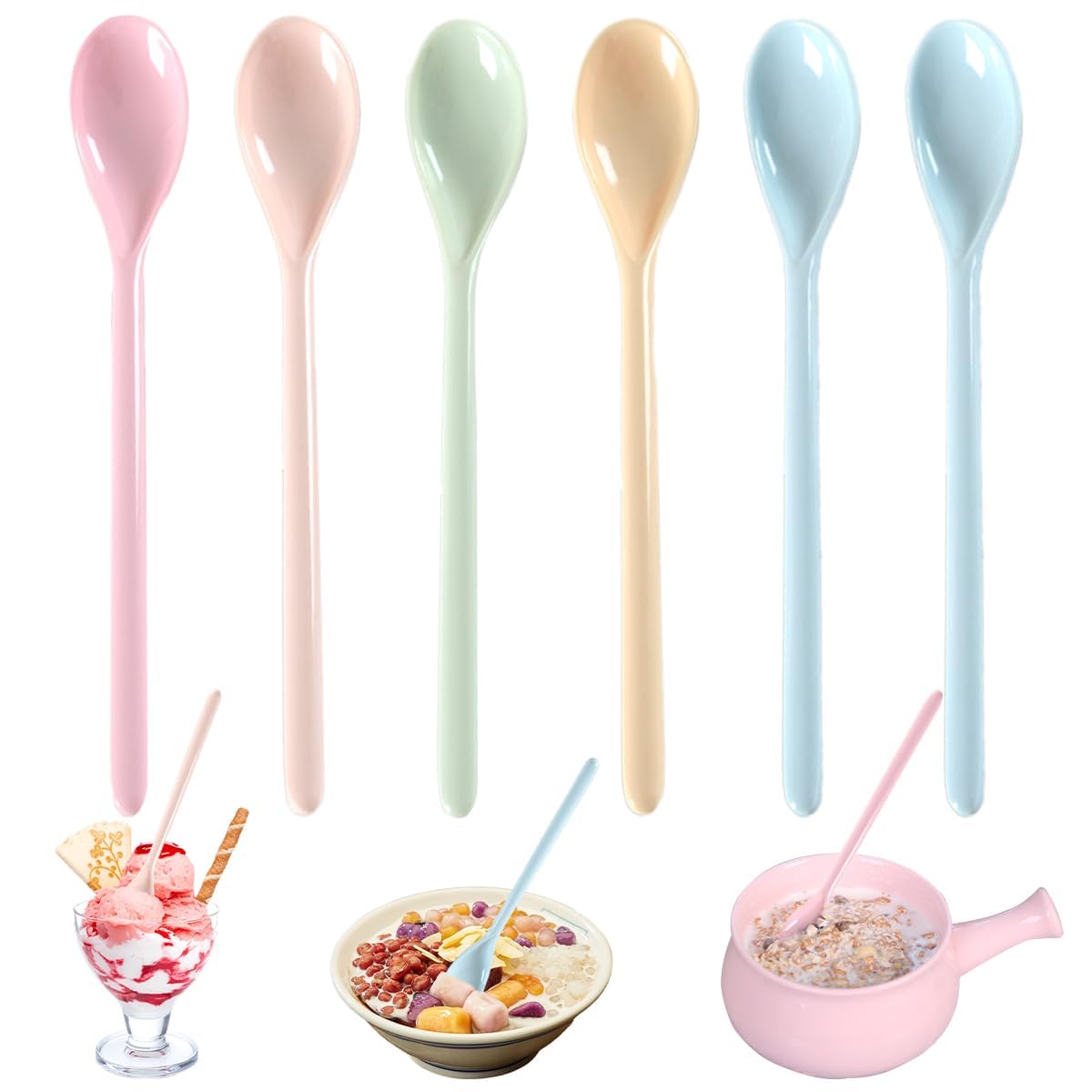 6 Pcs 18.5cm Plastic Spoons Long Handle, Reusable Teaspoons for Ice Cream