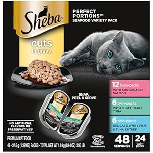 SHEBA PERFECT PORTIONS Cuts in Gravy Adult Wet Cat Food Trays (24 Count, 48 Servings), Gourmet Salmon, Sustainable Tuna, And Delicate Whitefish & Tuna Entrée, Easy Peel Twin-Pack
