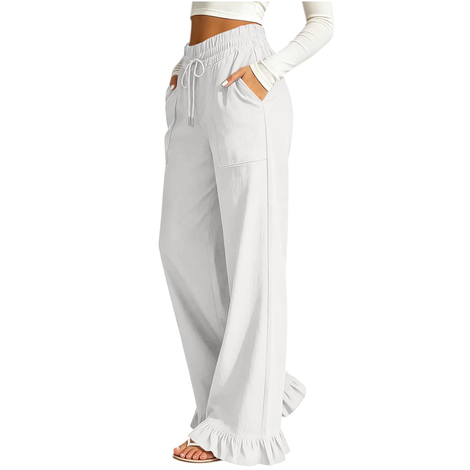 Générique Pantalon Large en Style Lin avec Volants Au Bas pour Femme - Pantalon Décontracté avec Poches Et Taille Élastique, Idéal comme Pantalons D'Été pour Le Quotidien Et Les Sorties.