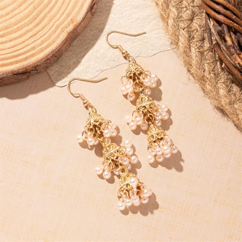 Vintage Triple Jhumki Bell Pearl Long Tassel Dangle Earrings for Women Gold Plated Delicate Personalized Bohemia Indian Chandelier Hook Large Statemen Dangling Hypoallergenic Traditional Jewelry4