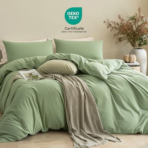 JELLYMONI 100% Cotton Queen Duvet Cover Set, Washed Linen-Like Texture — view 3