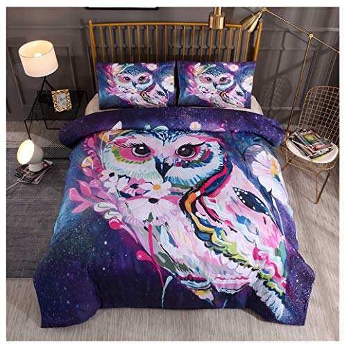 Sticker Superb Housse de Couette 2 Personnes 3D Violet Noir Literie Galaxy Taie d'oreiller en Polyester Animal Chouette Chien Draps Garçons et Filles Parures de Lit (Chouette Fleur,220_x_240_cm)