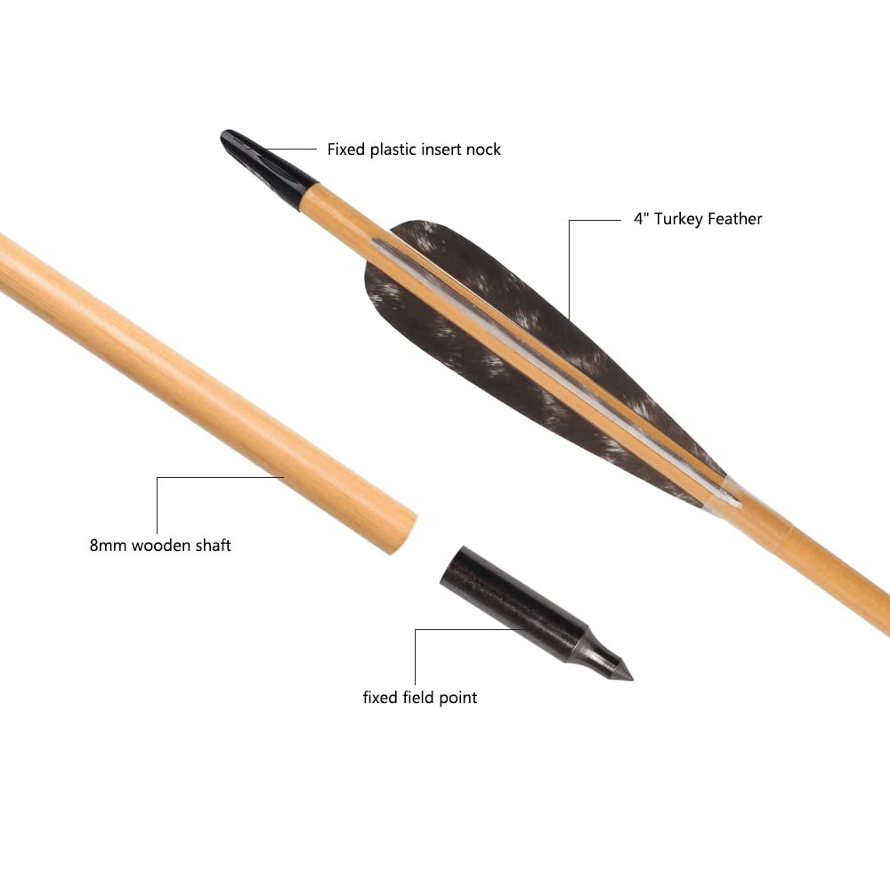 12 pièces 81 cm de flèches en bois avec 10 cm de plumes naturelles Flèches pour tir à l'arc Flèches en bois Flèches de chasse fabriquées à la main pour arc traditionnel Arc recurve Arc long
