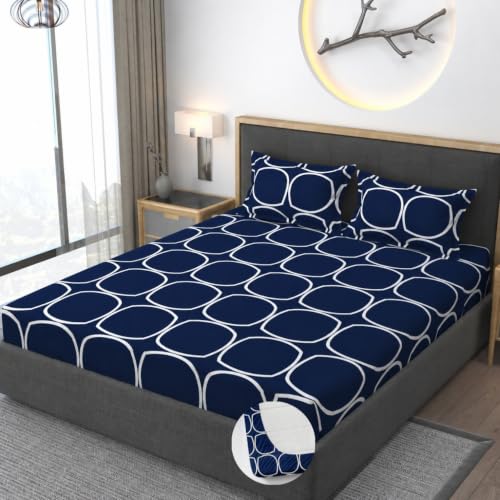 Image of Vaini Premium Heavy Cotton Elastic Fitted Bedsheets with 2 King Size Pillow Covers || Double Bed with All Around Elastic 350 (Blue Round, 72x72 Inch King Fitted)