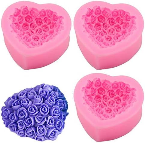 KuuGuu 3 PACK Silicone 3D Rose Flower Heart Molds DIY Fondant Sugar Pudding Soap Candle Mould for Wedding Valentine Cake Chocolate Dessert Cookie Mousse Cheesecake Decorating