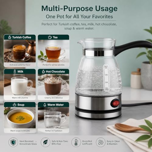 Image of Electric Turkish Coffee Maker Pot 500ML, Borosilicate Glass Coffee Warmer with Heat Resistant Handle, Fast Heating Milk Warmer & Tea Boiler for Home Office Travel Electric Kettle (Glass)