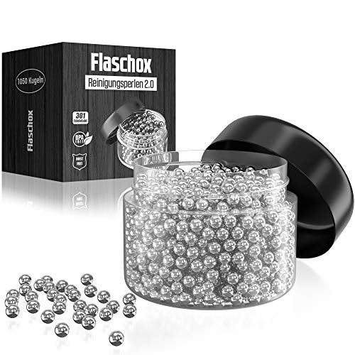 FLASCHOX 1050 Kugeln I Premium Reinigungsperlen XXL Pack I Verbessertes Konzept 2024 I Reinigungskugeln aus rostfreiem Edelstahl I Edelstahl-Perlen zum Reinigen I Vasen & Flaschenreiniger