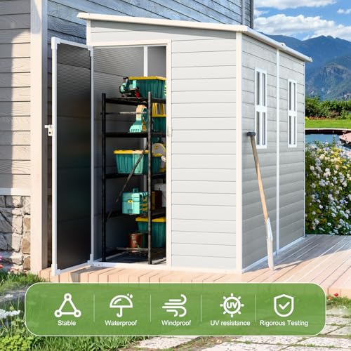 8x4x6ftresinleantoshedwaterproofoutdoorstorageshedwithfloorwindowlockabledoor2windowstoolshedforpatiogardenlawnbackyarddovegrey Urban Country Home Decor 8x4x6 ft resin lean to shed waterproof outdoor storage shed with floor window lockable door 2 windows tool shed for patio garden lawn backyard dove grey urban country home decor