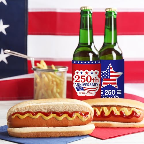 Image of Yungyan 12 Pcs 4th of July American Can Cooler Patriotic Sleeves 250th Anniversary for 1776-2026 Independence Day Red Blue USA Flag Accessories Memorial Day for Party Favors Decoration(Classic Style)