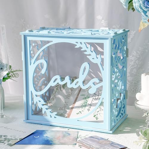Image of OurWarm Blue Wedding Card Box with Acrylic Window, PVC Gift Card Box for Wedding Decorations Reception, Envelope Money Gift Boxes for Party Baby Shower Anniversary Graduation Birthday Bridal Decor