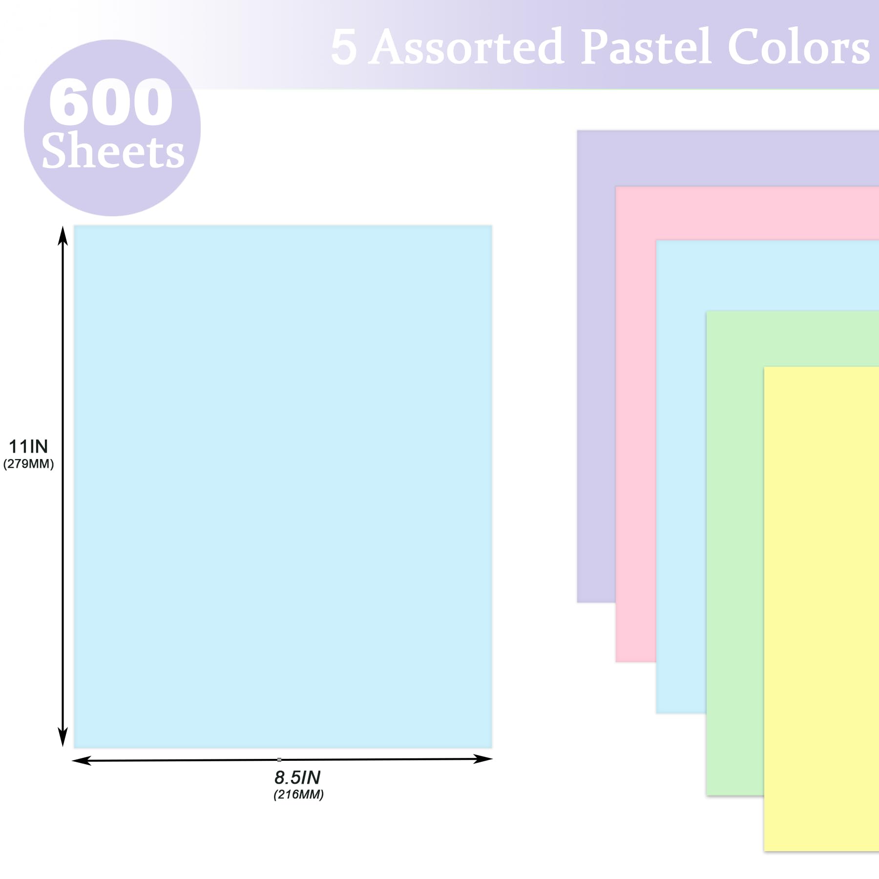 600 Sheets Colored Paper 8.5 X 11 - Color Printer Copy Paper 22lb/80gsm Double Sided Origami for DIY Art Craft,5 Pastel Colors - Image 2