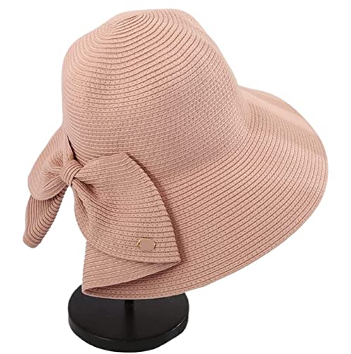 Sombrero de paja Sombrero para el sol Sombrero de ala ancha Sombrero de playa Sombrero de paja para mujer Sombrero de playa plegable para vacaciones al aire libre (azul: rosa, tamaño: 56-58 cm) (Ros