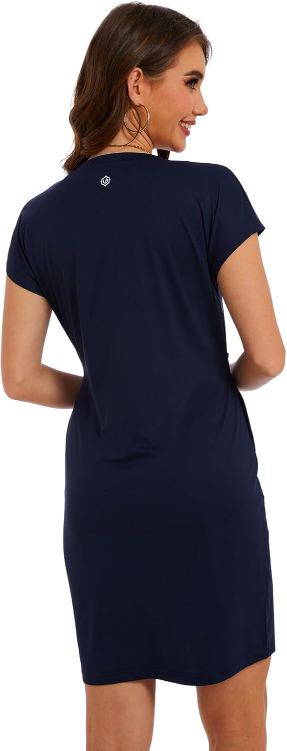 Lightbare Womens UPF 50+ Short Sleeve T Shirt Dress V Neck Summer Floral Dresses Tie Waist Casual with Pockets - Image 2