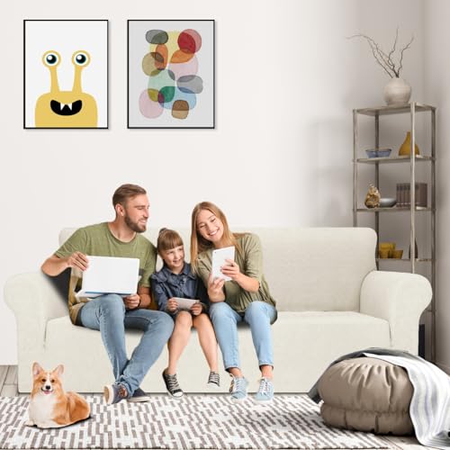 YSTELLAA Stretch Bankhoes 4 Zits, Elastische Bankhoezen Voor Woonkamer, 1 Stuks Universele Rekbare Armsteun Sofahoes Met Anti-slip Schuim, Krasbestendig Meubelhoes Voor Bank, Crèmewit