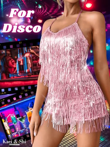Image of Kaei&Shi Sequin Fringe Romper,Sparkly Glitter Metallic Jumpsuits For Women,Backless Shorts Dress Disco Birthday Dance Outfit