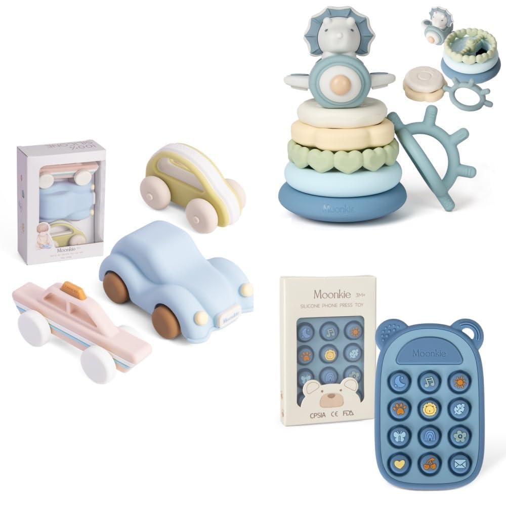 Moonkie Pack de Juguetes para Bebé, 3 Coches de Silicona, Aros Apilables Dinosaurio y Mordedor Teléfono, Juguetes Sensoriales sin BPA para 3+ Meses, Motricidad Fina y Aprendizaje Temprano