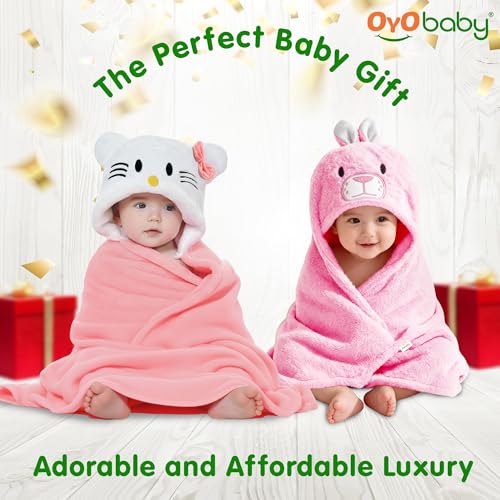 Image of OYO BABY Fleece Newborn Baby Blanket Combo - Hooded Baby Wrapper with Funny Cap, Bath Towel & Blanket (0-12 Months, 84x80 + 72x68), Pack of 2 - Pink Kitty & Rabbit