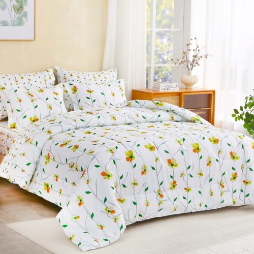 Image of lasoftan Floral Queen Comforter Set with Sheets, 7 piece Luxury Vintage Bedding, Soft Microfiber Bed in a Bag, Cozy Lightweight Bed Set, Yellow Flower