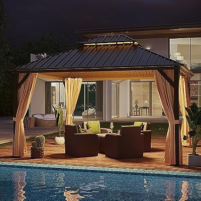 LATTOY 12'x14' Permanent Hardtop Gazebo, Outdoor Galvanized Steel Double Roof Pavilion Pergola Canopy with Aluminum Frame and Privacy Curtains for Garden Patio,Patio Backyard,Deck and Lawns