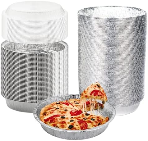 LUCKMETA 9'' Inch Round Tin Foil Pans Disposable Aluminum Pans with Clear Lids (125 Pack), Freezer & Oven Safe - For Baking, Cooking, Storage, Roasting, & Reheating, Recyclable, Pack of 125