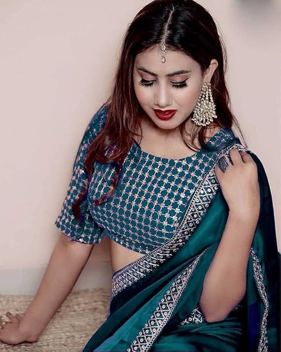 Image of Flosive Women's Embroidered Work Border Zarna Silk Saree With Blouse Piece (RAMA)