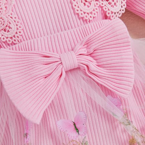 Yigubigu Newborn Baby Girls Dress Fall Outfits Ruffled Trim Butterfly Lace Patchwork Long Sleeve Romper with Headband 2pcs Clothes Set (Pink, 0-3 Months) - Image 4