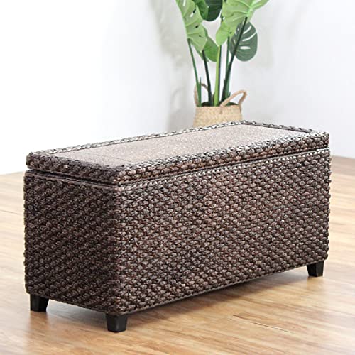 Banc de rangement en rotin tressé marron pour entrée et salon avec tabouret coffre de sécurité