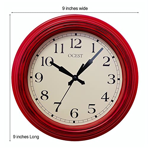Ocest 9-Inch Retro Red Small Kitchen Wall Clock, Silent Non Ticking Battery Operated Home Decorative Round Quartz Wall Clock, Easy To Read Clock For Livingroom, Bedroom, Bathroom, Office, Reading Room #TOP2