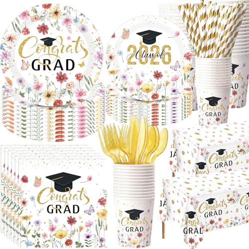 Ceenna 452 Pcs Class of 2026 Gold Floral Graduation Decoration Party Supply for 50 Wildflower Congrats Grad Paper Plates Napkins Cups Tablecloth Cutlery Straw for Freshly Graduated Party Decorations