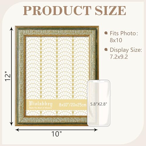 Image of VIOLABBEY 8x10 Picture Frame Green, Vintage Frames Ornate without Mat | Antique Photo Frame, Wall Hanging or Tabletop Display, HD Plexiglass, Wall Decor