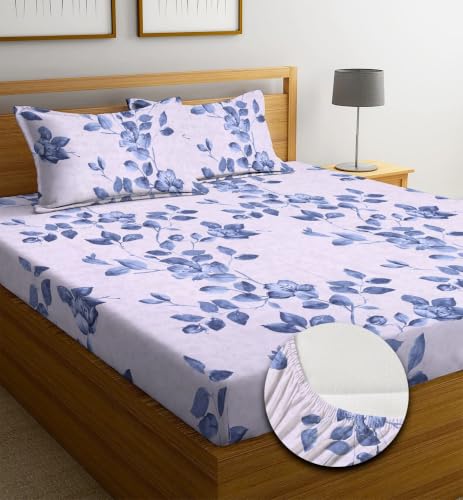 Image of NEW LEAF Premium Cotton Elastic Fitted Bedsheets with 2 King Size Pillow Covers | Double Bed with All Around Elastic 180 TC Supersoft | Size - 72 King Sizex78+10 inches | Indigo Blue Floral