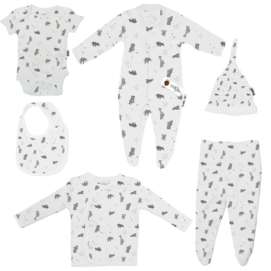 Baby Set | 100% Cotton | 6-Pieces | Hat | Bib | Jacket | Sleepsuit | Bodysuit | Leggings | Available in 3 sizes - Newborn – 6 Months | Hot Pink (White - Animals, 0-3 Months)