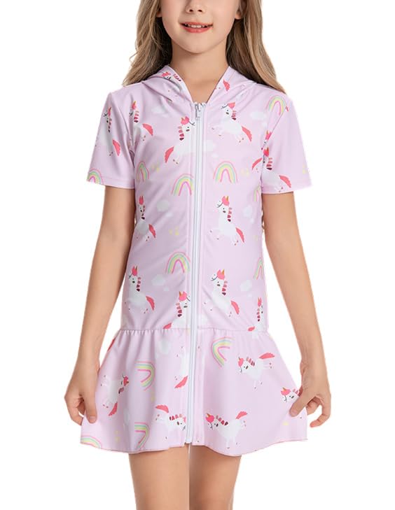 Image of Girls Sun Protective Swim Cover Up Hooded with Full-Length Zipper Short Sleeve UPF 50+ Beach Dress Coverup