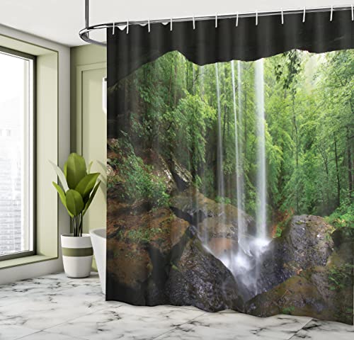 ABAKUHAUS Natural Cave Shower Curtain, Still Waterfall in the Forest in Northern Alabama Habitat Ecosystem Scenery - Image 4