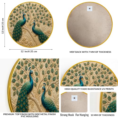 Image of PAINTINGMANTRA Peacock Pair Vastu Framed Wall Art Painting For Living Room| Elegant Peacock Poster with Round Frame for Wall, Decoration item for bedroom & Home, 12 Inch