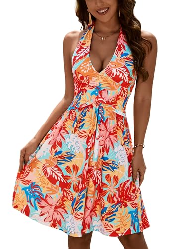 ZABERRY Women Summer Sundresses Halter Neck Deep V Tie Backless Floral Ruched Vacation Beach Dresses 2025 with Pockets