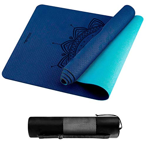 LA MENTE ES MARAVILLOSA - Esterilla de Yoga, Pilates u Otros Deportes - Esterilla Antideslizante TPE con Bolsa y Correa para Llevar al Hombro (Mandala Azul)