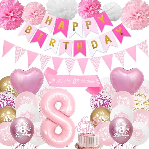 Ballons anniversaire 8 ans fille, kit écharpe et bannière pour fête enfant