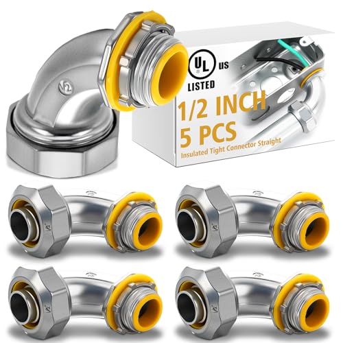 Gisafai 5 Pcs Liquid Tight Connector 90 Degree Insulated Zinc Die Cast Metal Tight Electrical Conduit Connector for 1/2 Inch Flexible and Type B Flexible Waterproof Nonmetallic Conduit